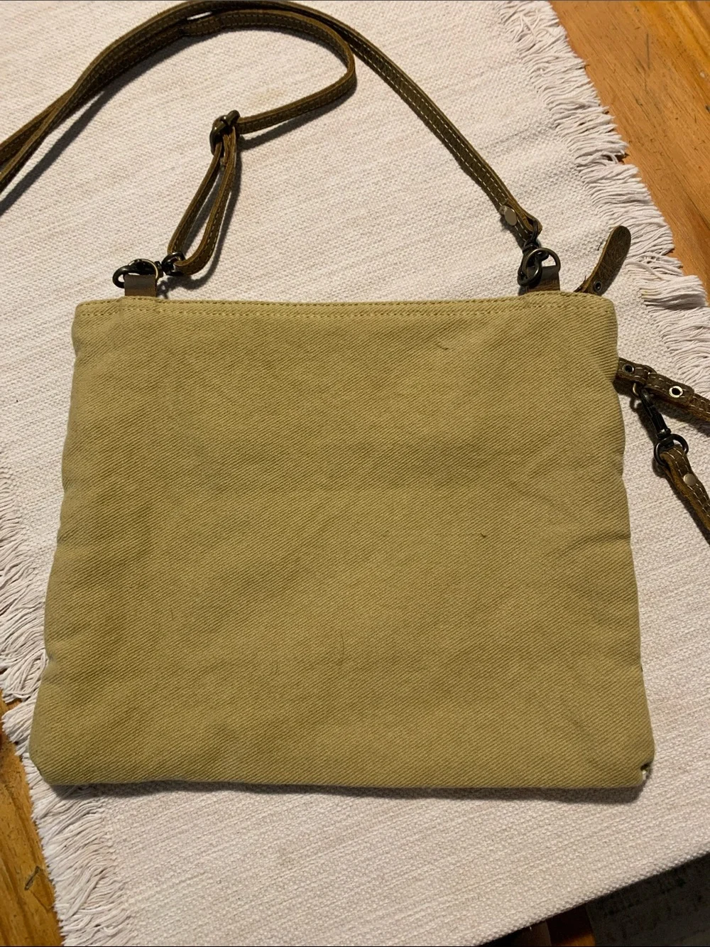 Myra Bag Crossbody purse Olive Green Design w/Brown Leather